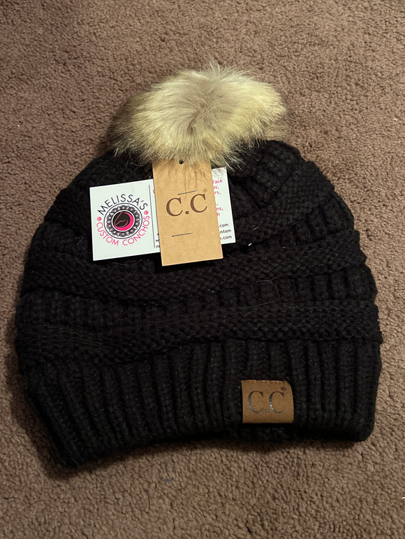 Black Knit Beanie with Fur Pom