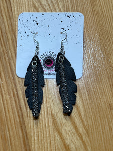 Black Feather Leather charm Earrings