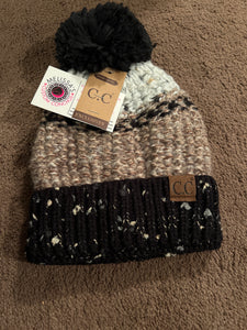 Fuzzy Lined Flecked Multi Color Pom Beanie