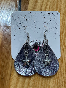 Purple Sparkly Leather Star Earrings