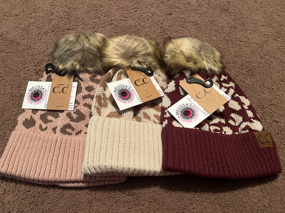 Leopard Fur Pom Knit Beanie